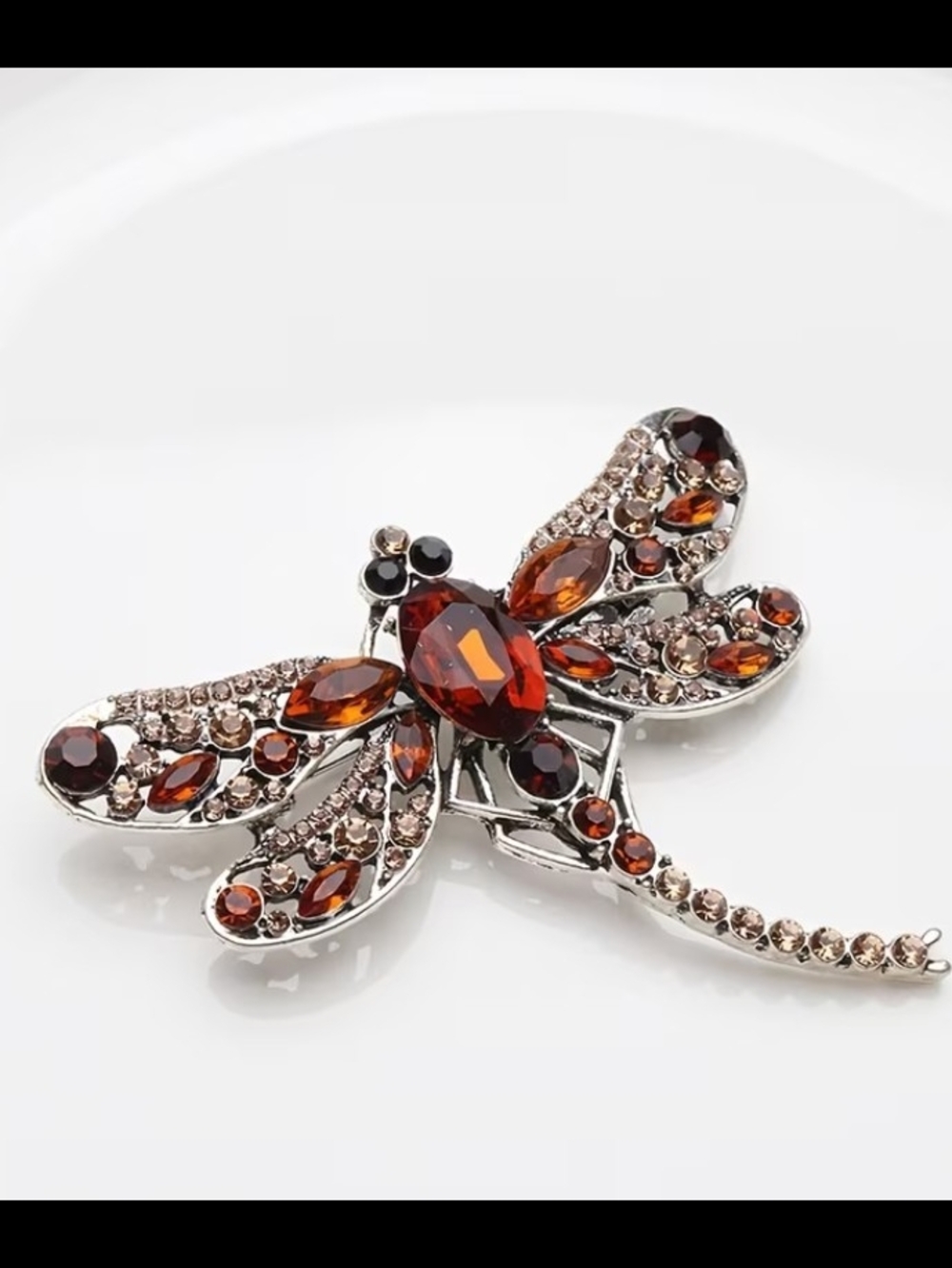 Crystal Dragonfly Brooch in Amber Garnet Tones
